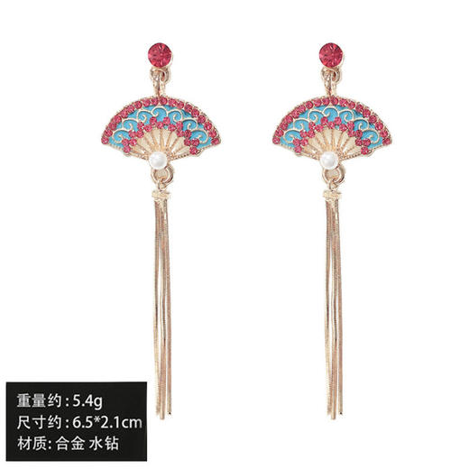 个性925银针中国风 折扇镶钻珍珠流苏气质耳环女时尚饰品气质耳饰 商品图4