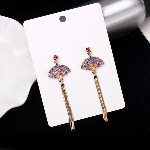 个性925银针中国风 折扇镶钻珍珠流苏气质耳环女时尚饰品气质耳饰 商品图3