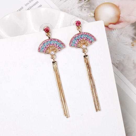 个性925银针中国风 折扇镶钻珍珠流苏气质耳环女时尚饰品气质耳饰 商品图2