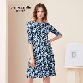 皮尔卡丹女装春季新款蓝色碎花连衣裙圆领A字裙P94DL28L3
