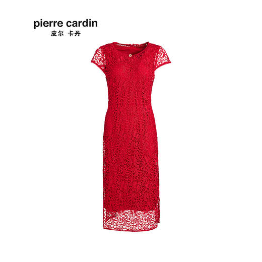 皮尔卡丹女装夏季新款红色短袖镂空蕾丝连衣裙商场同款裙子女
 商品图4