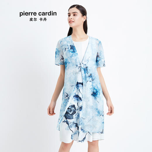 皮尔卡丹女装季新款短袖浅蓝色风衣外套气质时尚中长款开衫
 商品图1