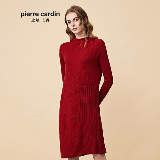 皮尔卡丹女秋冬新款红色拼接针织连衣裙小立领气质宽松一步裙
 商品图1