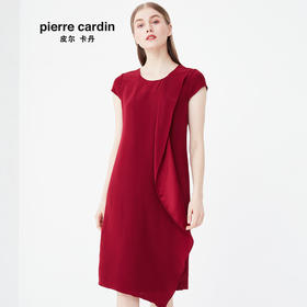皮尔卡丹大牌女装酒红色短袖圆领连衣裙时尚中长款不规则裙子女
