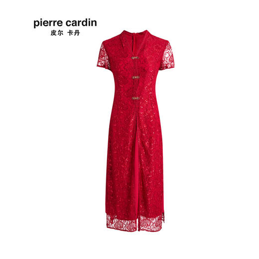 皮尔卡丹女装夏季新款红色短袖V领裙子喜庆婚礼婆婆装连衣裙
 商品图4