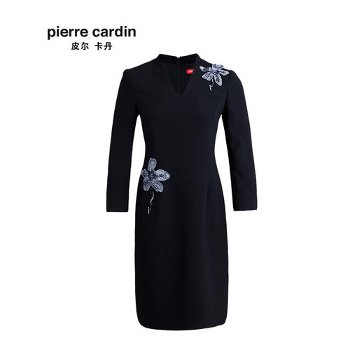 皮尔卡丹女秋季藏蓝色V领绣花长袖连衣裙气质V领淑女裙P83DL01N0
 商品图4