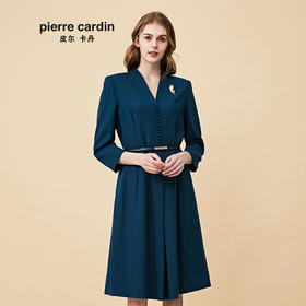 皮尔卡丹女装秋冬季新款蓝色长袖含羊毛连衣裙时尚收腰V领A字裙
