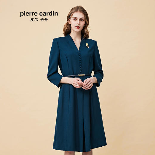 皮尔卡丹女装秋冬季新款蓝色长袖含羊毛连衣裙时尚收腰V领A字裙
 商品图0