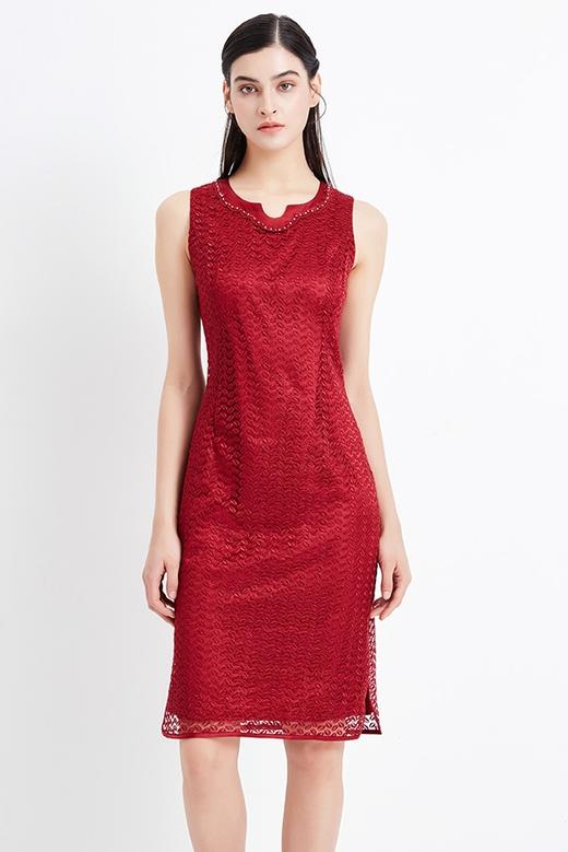 皮尔卡丹女装季新款红色无袖圆领连衣裙气质时尚A字裙女
 商品图5