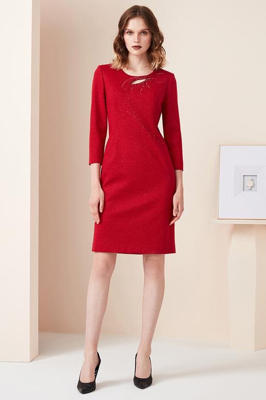 皮尔卡丹女装春季新款红色圆领连衣裙含羊毛一步裙P94DL11R0
 商品图5