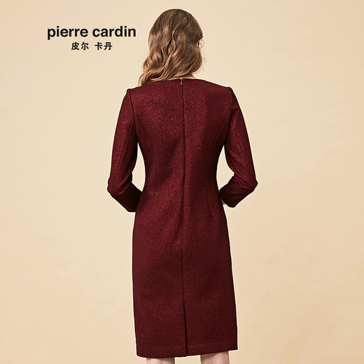 皮尔卡丹女装秋季新品酒红色长袖淑女连衣裙端庄高贵一步裙
 商品图2