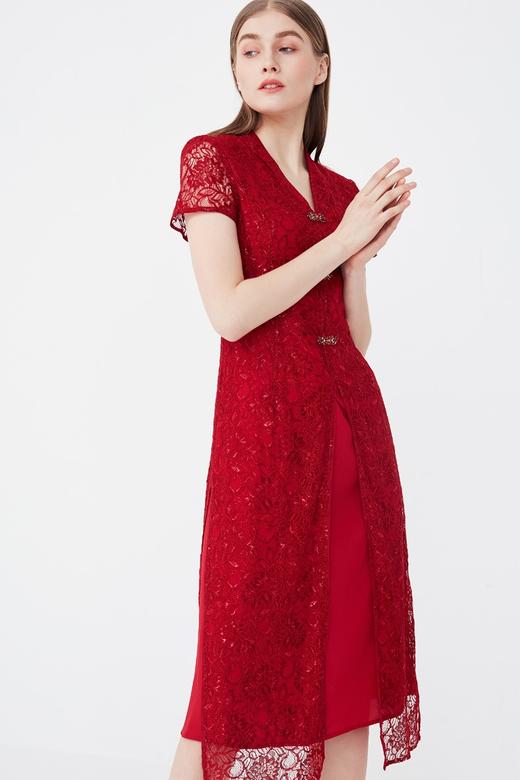 皮尔卡丹女装夏季新款红色短袖V领裙子喜庆婚礼婆婆装连衣裙
 商品图5