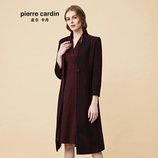皮尔卡丹女装大衣酒红色绣花长款气质高级感羊毛呢外套P84CL15T0
 商品图1