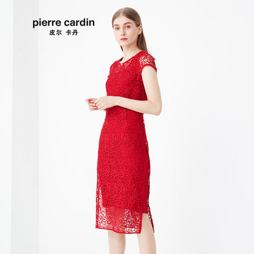 皮尔卡丹女装夏季新款红色短袖镂空蕾丝连衣裙商场同款裙子女
 商品图1