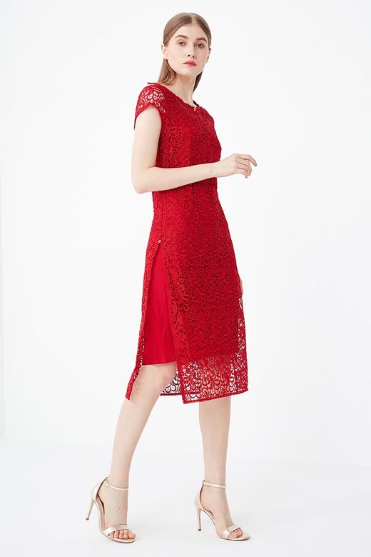 皮尔卡丹女装夏季新款红色短袖镂空蕾丝连衣裙商场同款裙子女
 商品图5