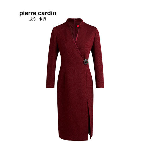 皮尔卡丹女2019秋季新款酒红色长袖连衣裙端庄高贵气质法式一步裙P84DL08T0 商品图4