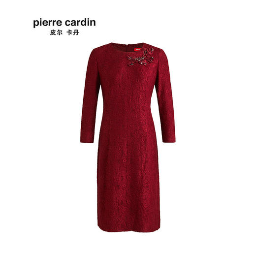 皮尔卡丹女装2019秋冬新款红色长袖含羊毛连衣裙圆领收腰包臀裙7424E7986250 商品图4