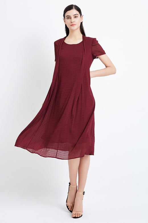 皮尔卡丹女装夏季新款暗红色中长款短袖连衣裙时尚个性裙子女
 商品图5