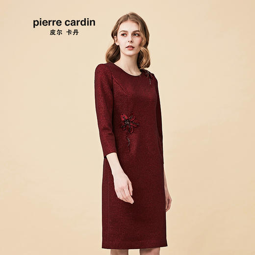 皮尔卡丹女装秋季新品酒红色长袖淑女连衣裙端庄高贵一步裙
 商品图1