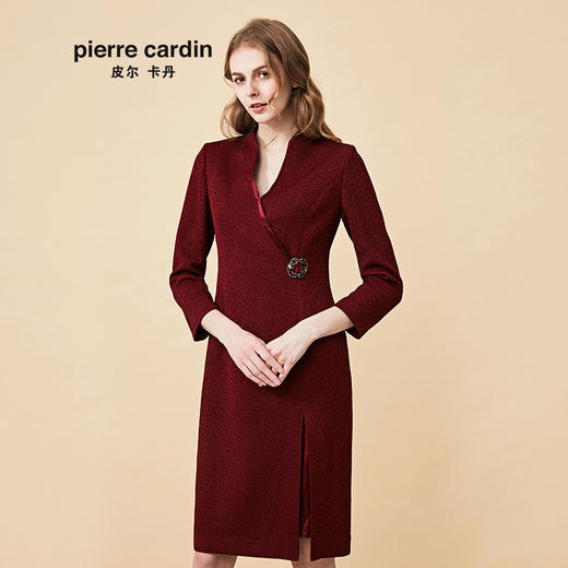皮尔卡丹女2019秋季新款酒红色长袖连衣裙端庄高贵气质法式一步裙P84DL08T0 商品图1
