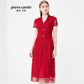 皮尔卡丹女装夏季新款红色短袖V领裙子喜庆婚礼婆婆装连衣裙
