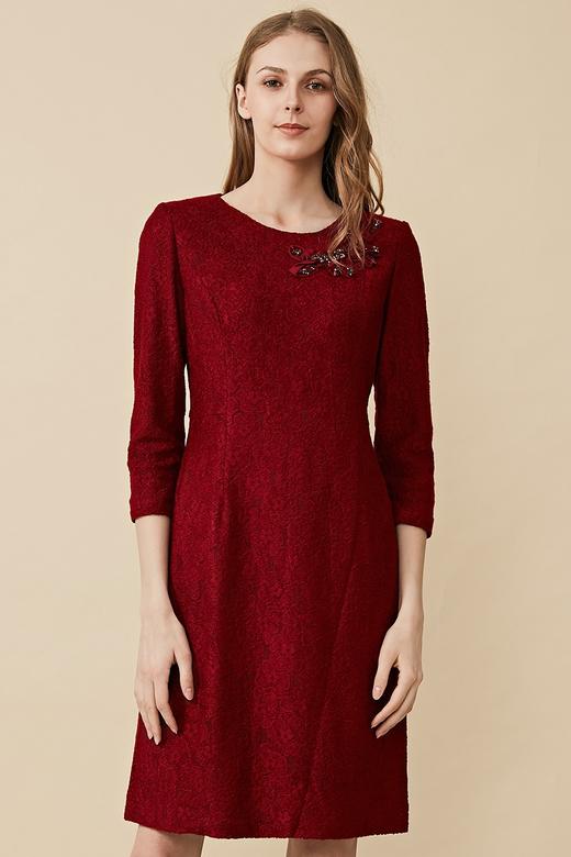 皮尔卡丹女装2019秋冬新款红色长袖含羊毛连衣裙圆领收腰包臀裙7424E7986250 商品图5