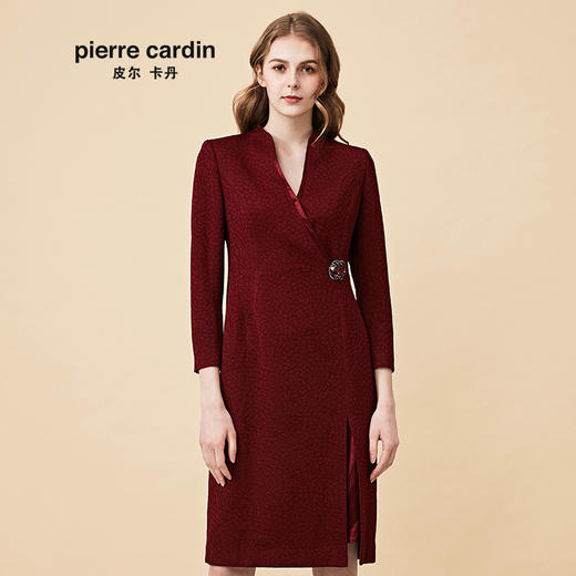 皮尔卡丹女2019秋季新款酒红色长袖连衣裙端庄高贵气质法式一步裙P84DL08T0 商品图0
