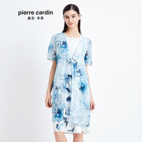 皮尔卡丹女装季新款短袖浅蓝色风衣外套气质时尚中长款开衫
