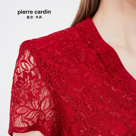 皮尔卡丹女装夏季新款红色短袖V领裙子喜庆婚礼婆婆装连衣裙
 商品图3