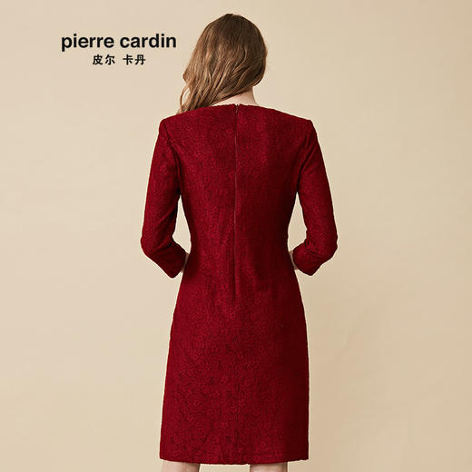 皮尔卡丹女装2019秋冬新款红色长袖含羊毛连衣裙圆领收腰包臀裙7424E7986250 商品图2