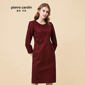 皮尔卡丹女装秋季新品酒红色长袖淑女连衣裙端庄高贵一步裙
