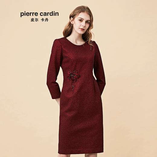 皮尔卡丹女装秋季新品酒红色长袖淑女连衣裙端庄高贵一步裙
 商品图0