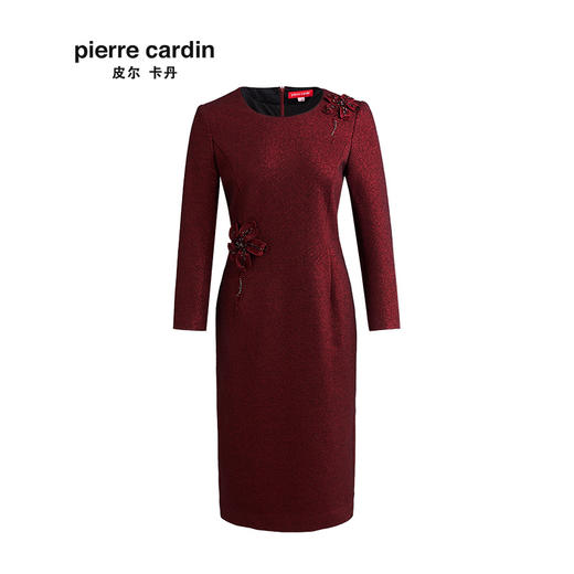 皮尔卡丹女装秋季新品酒红色长袖淑女连衣裙端庄高贵一步裙
 商品图4