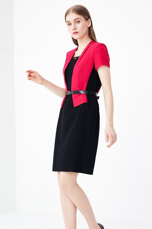 皮尔卡丹女装夏季新款黑红色假两件连衣裙时尚短袖AB配裙子女
 商品图5