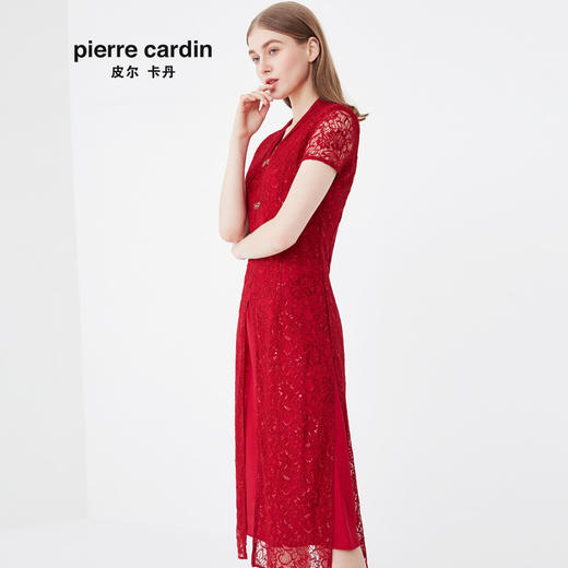 皮尔卡丹女装夏季新款红色短袖V领裙子喜庆婚礼婆婆装连衣裙
 商品图1