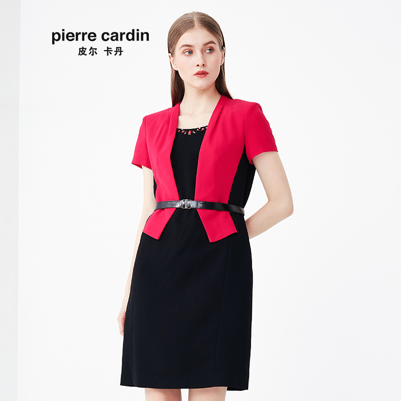 皮尔卡丹女装夏季新款黑红色假两件连衣裙时尚短袖AB配裙子女
