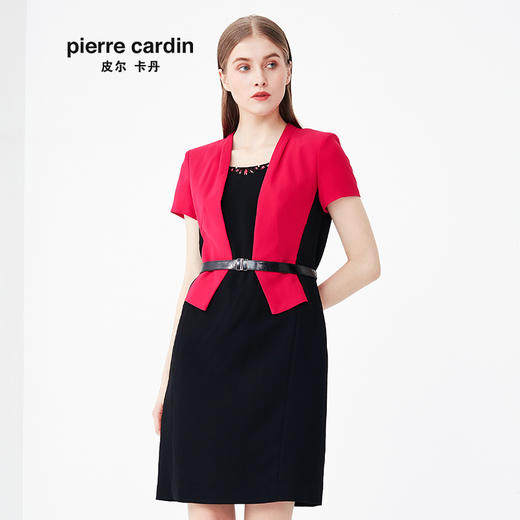 皮尔卡丹女装夏季新款黑红色假两件连衣裙时尚短袖AB配裙子女
 商品图0