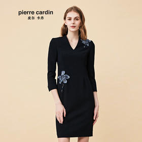 皮尔卡丹女秋季藏蓝色V领绣花长袖连衣裙气质V领淑女裙P83DL01N0
