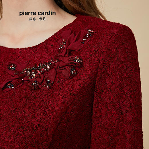 皮尔卡丹女装2019秋冬新款红色长袖含羊毛连衣裙圆领收腰包臀裙7424E7986250 商品图3