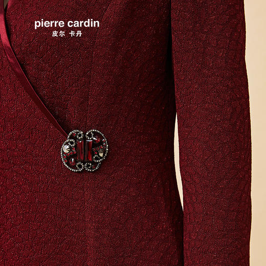 皮尔卡丹女2019秋季新款酒红色长袖连衣裙端庄高贵气质法式一步裙P84DL08T0 商品图3