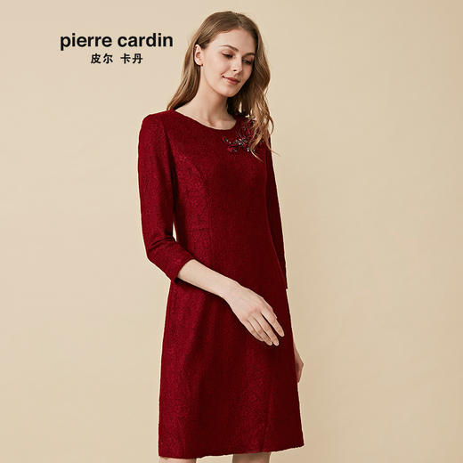 皮尔卡丹女装2019秋冬新款红色长袖含羊毛连衣裙圆领收腰包臀裙7424E7986250 商品图1