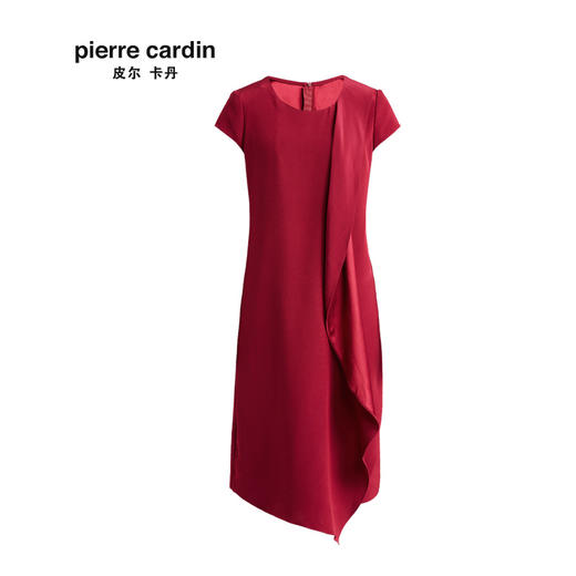 皮尔卡丹大牌女装酒红色短袖圆领连衣裙时尚中长款不规则裙子女
 商品图4