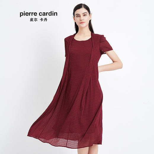 皮尔卡丹女装夏季新款暗红色中长款短袖连衣裙时尚个性裙子女
 商品图0