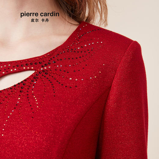 皮尔卡丹女装春季新款红色圆领连衣裙含羊毛一步裙P94DL11R0
 商品图3