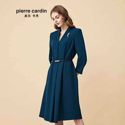 皮尔卡丹女装秋冬季新款蓝色长袖含羊毛连衣裙时尚收腰V领A字裙
 商品图1