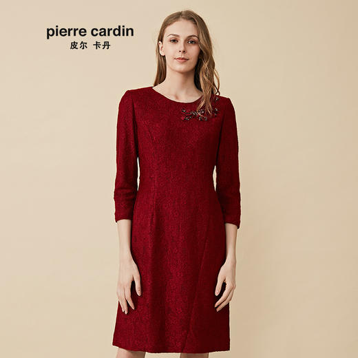 皮尔卡丹女装2019秋冬新款红色长袖含羊毛连衣裙圆领收腰包臀裙7424E7986250 商品图0