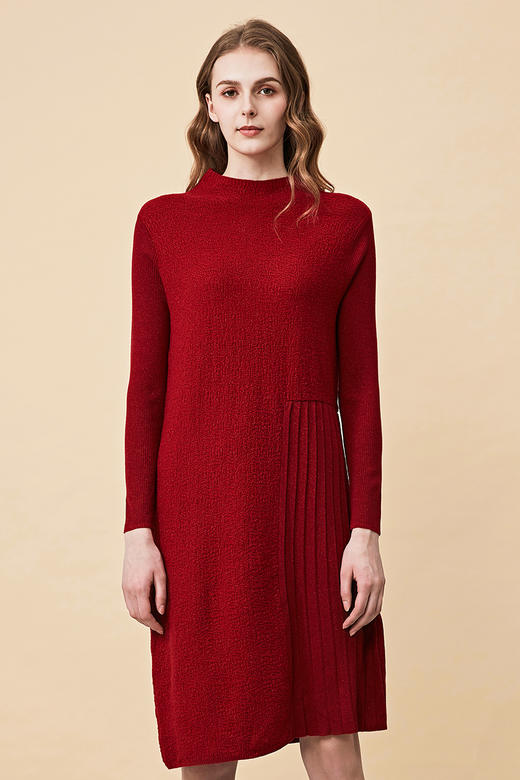 皮尔卡丹女秋冬新款红色拼接针织连衣裙小立领气质宽松一步裙
 商品图5