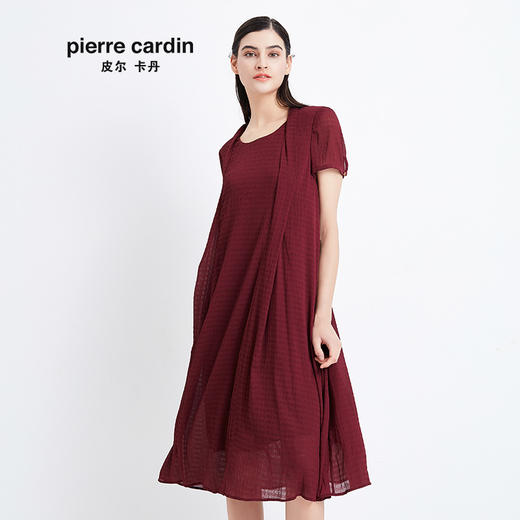 皮尔卡丹女装夏季新款暗红色中长款短袖连衣裙时尚个性裙子女
 商品图1