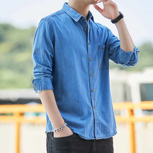 東雨男装秋日系牛仔男上衣士衬衫纯棉修身休闲衬衫男 商品图7