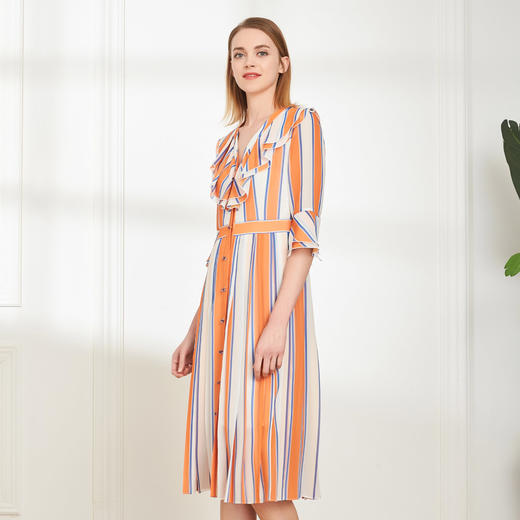 QG8A5斯尔丽夏季新品时尚优雅条纹纽扣修身短袖中长款连衣裙 商品图2